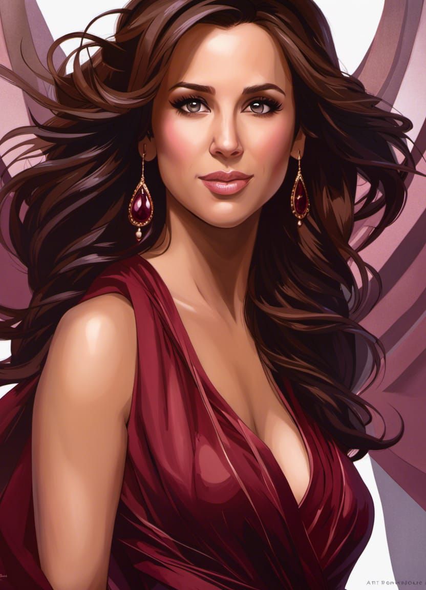 Actress Lacey Chabert wearing a stunning burgundy designer dress