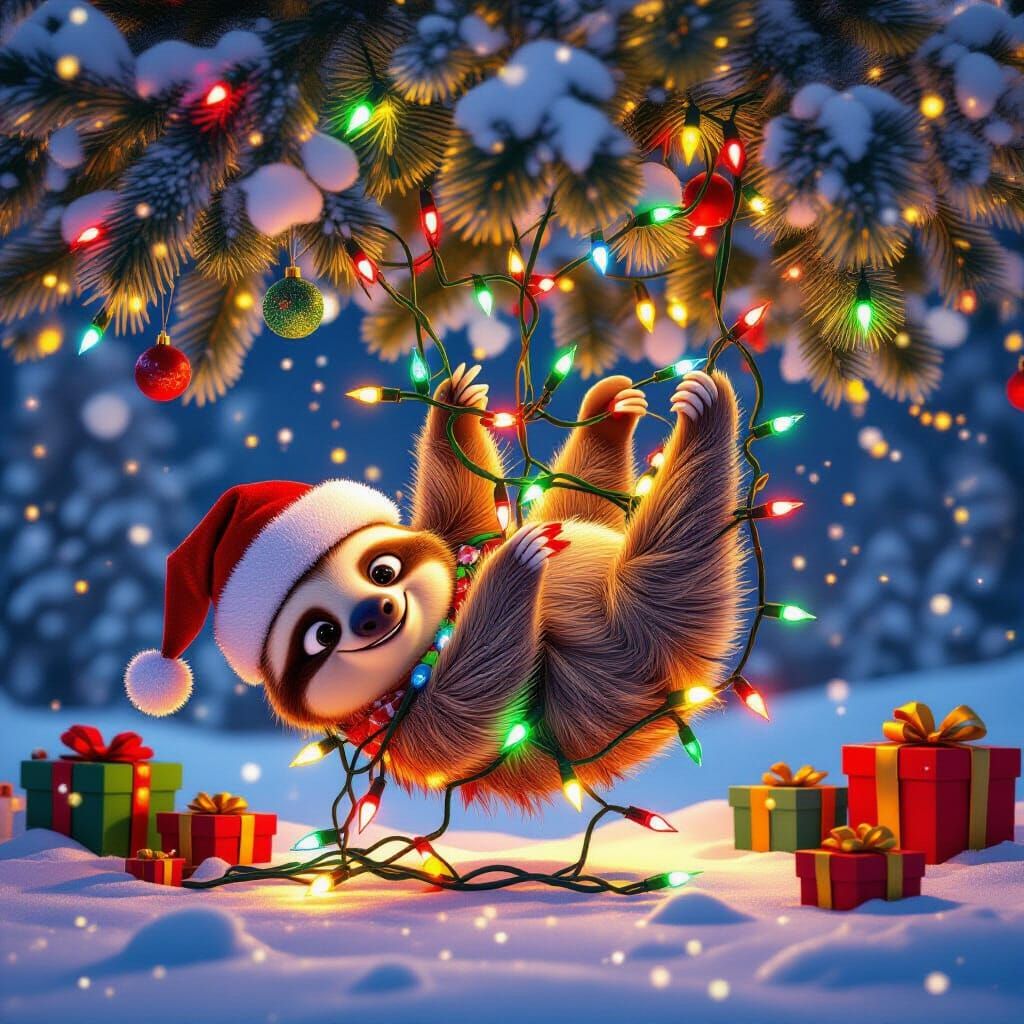 Chubby Sloth Tangles in Christmas Lights, Pixar Style