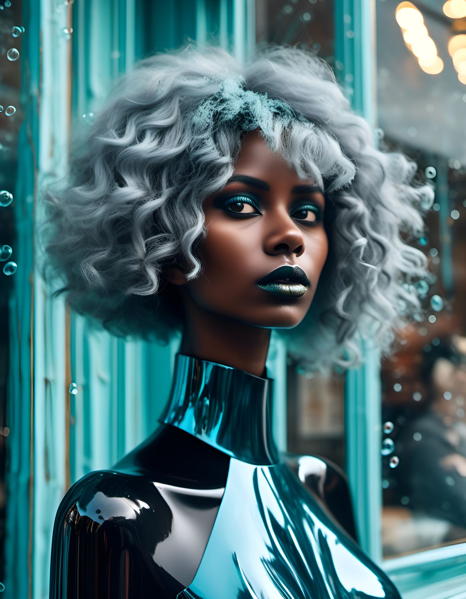 Aquamarine Haired Woman in Afrofuturism Style