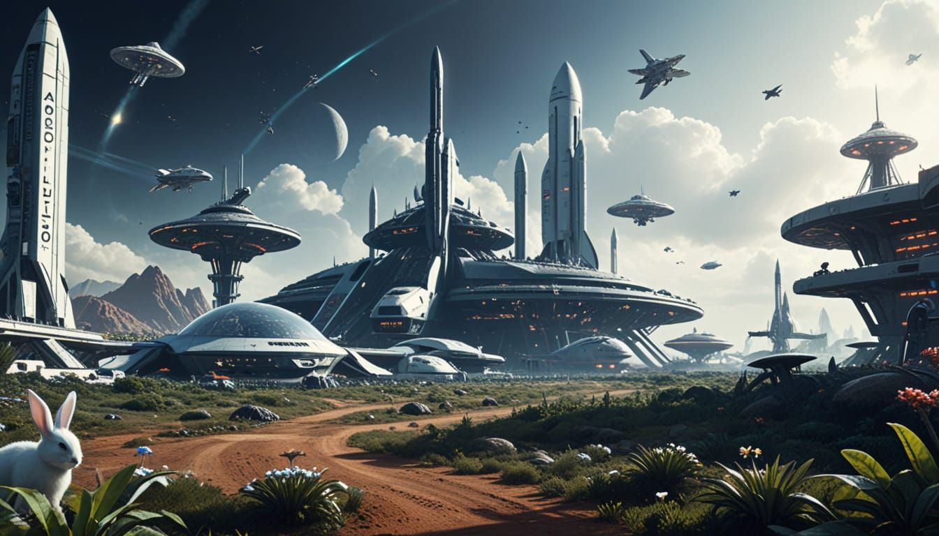 Futuristic Space Colony Scene with Visiting Spaceships