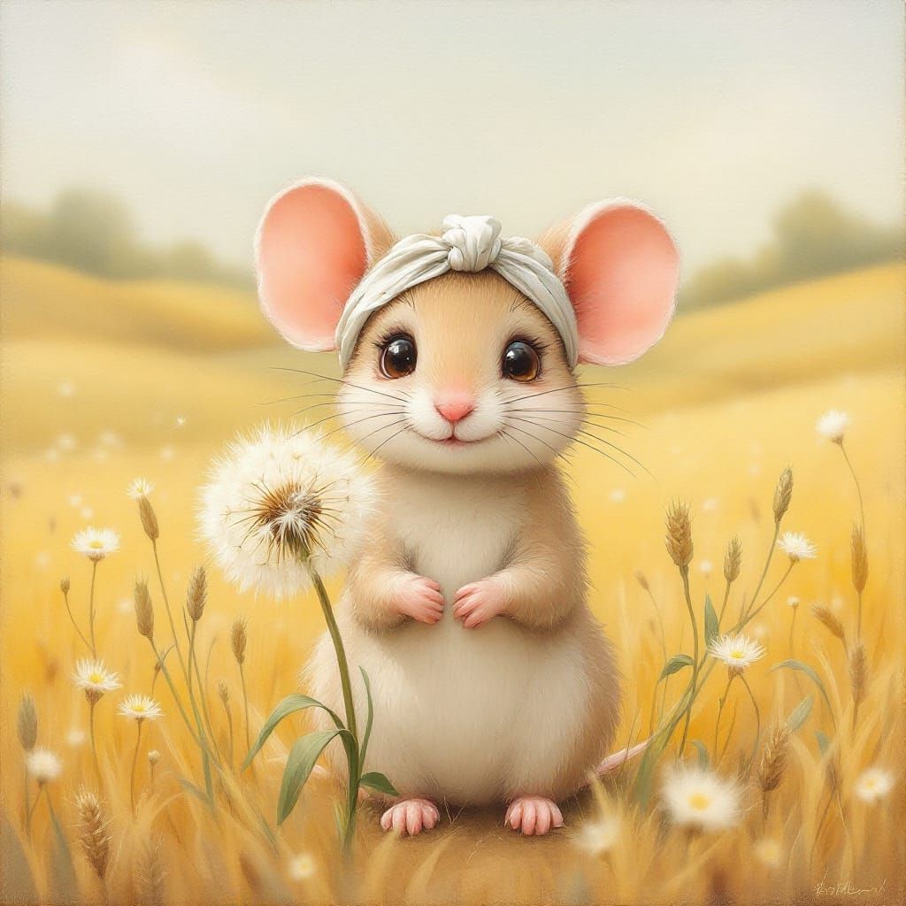 Mouse with Dandelion in Pastel Oil Painting
