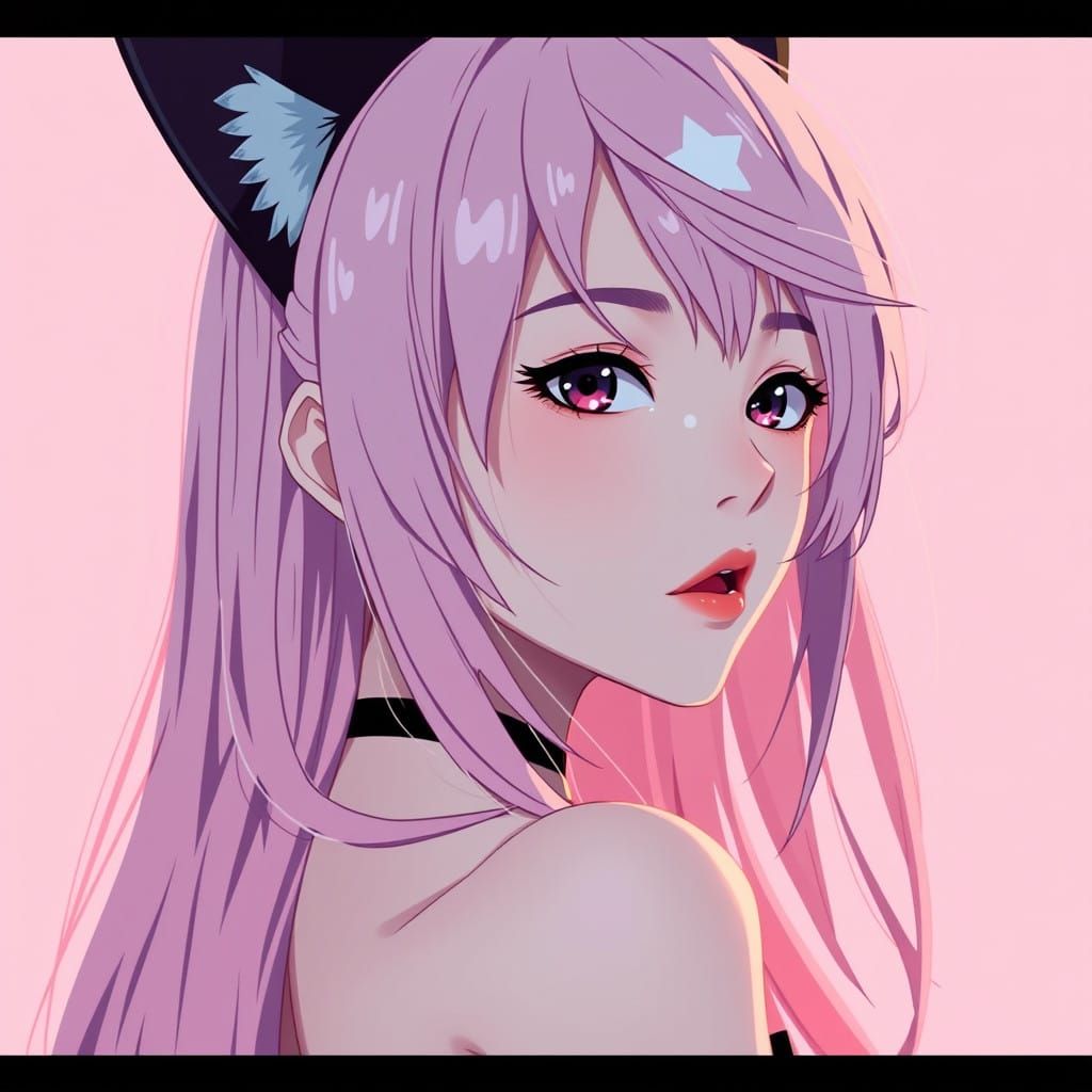 Girl in Anime Style with Black Cat Ears and Pink Hair Looks...