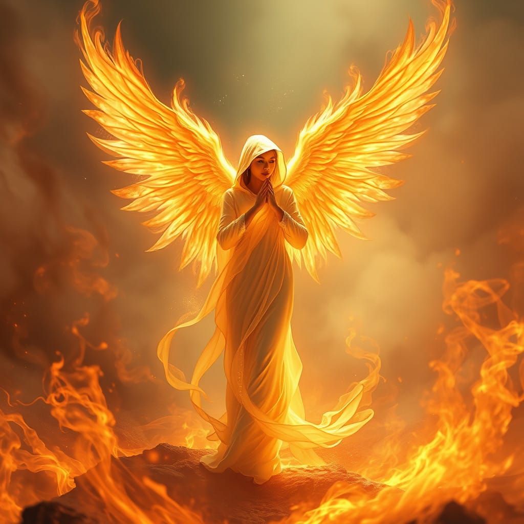 Serene Fire Angel Amidst Golden Flames