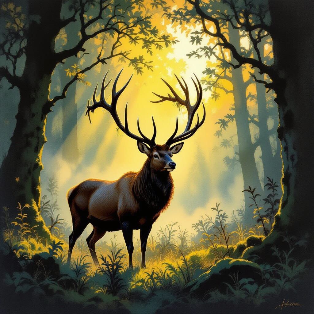 Stag Adorned with Moss in Neo-Impressionist Style