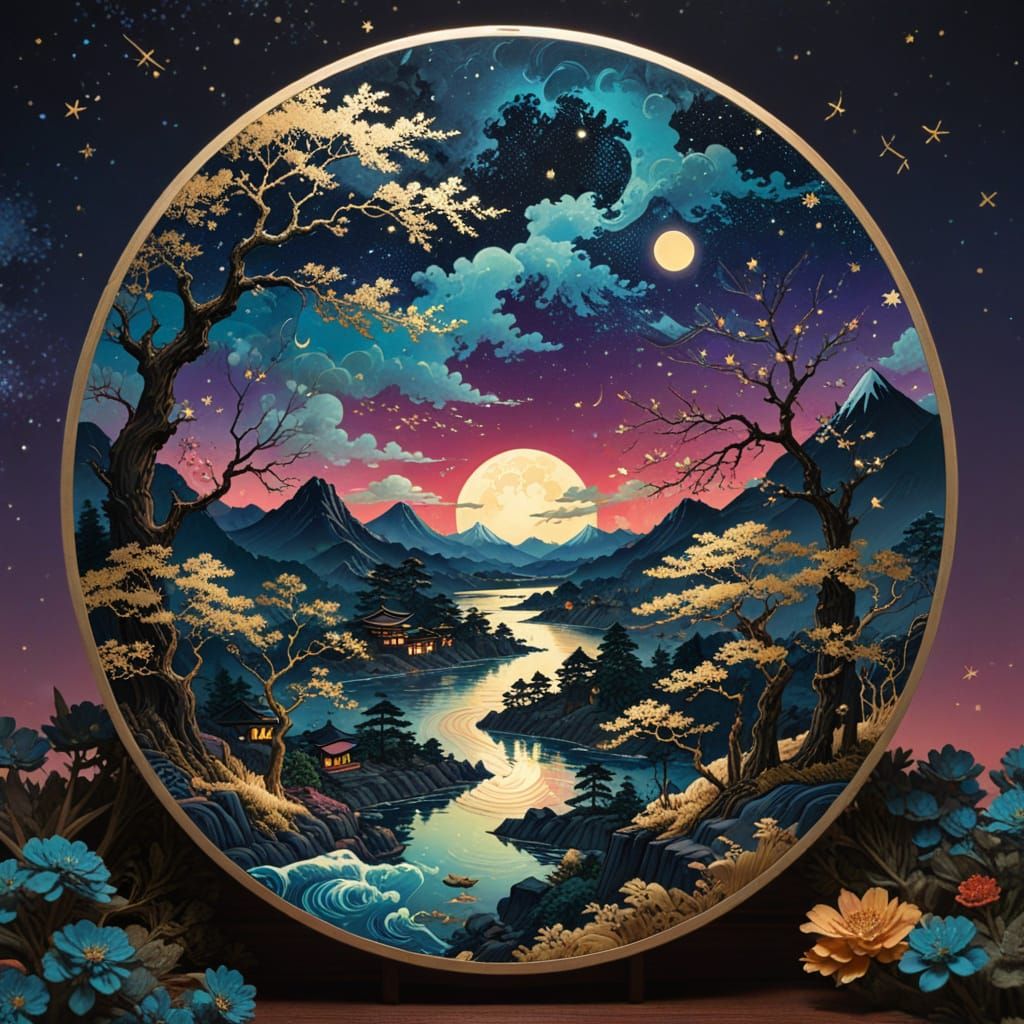 Ukiyo-e Dreamscape with Gold Outlines