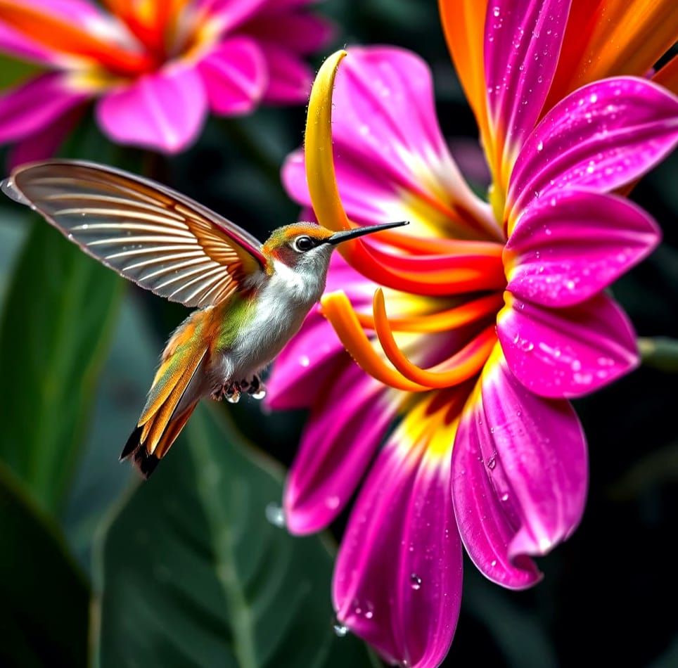 Hummingbird Moth and Bird-of-Paradise Flower