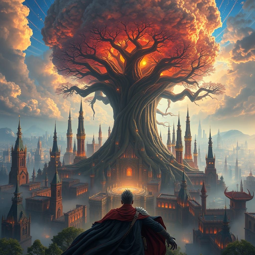 Hero in Dreamlike Metropolis with Ancient Tree