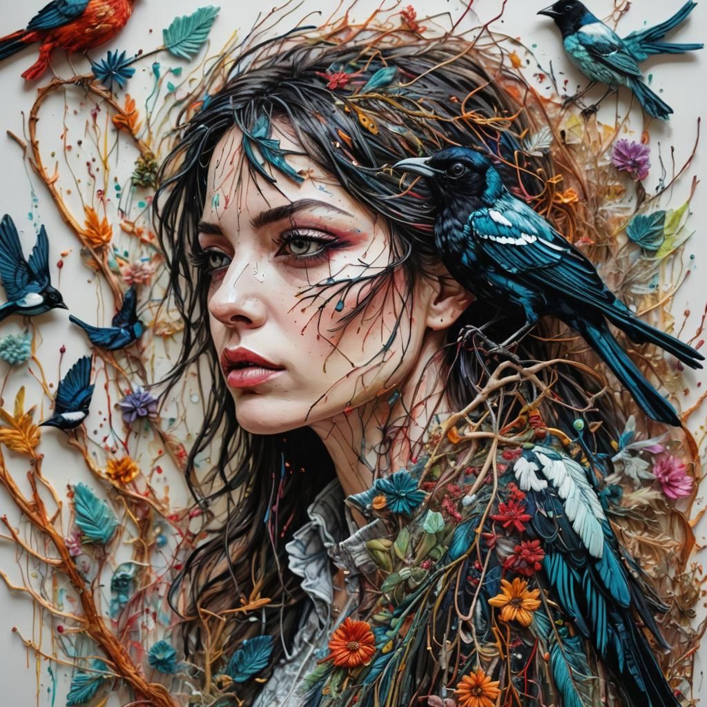 Surreal Embroidered Magpie Textile Art in Mixed Media