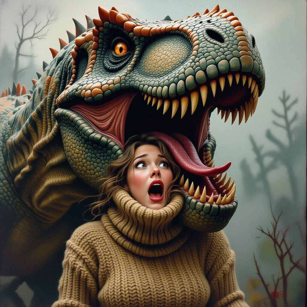Terrified Woman Swallowed by Dinosaur in Surreal Art