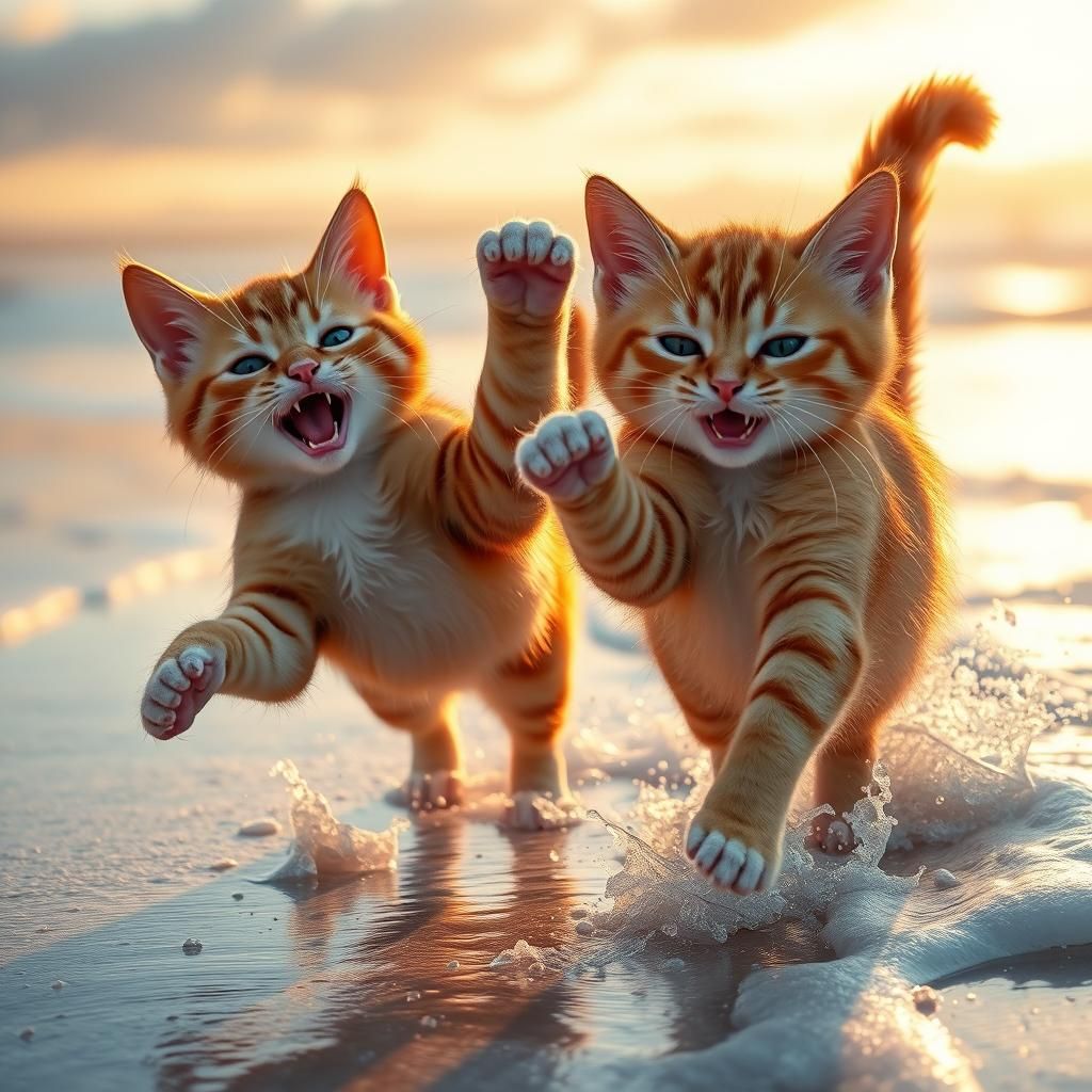 Cats Playing on Beach in Anime Style