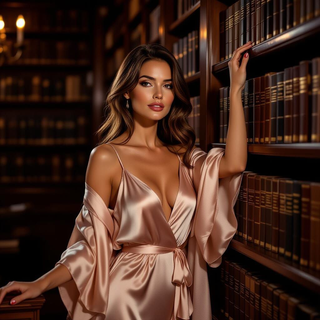 Woman Reaching for Book in Library, Elegant Book Cover