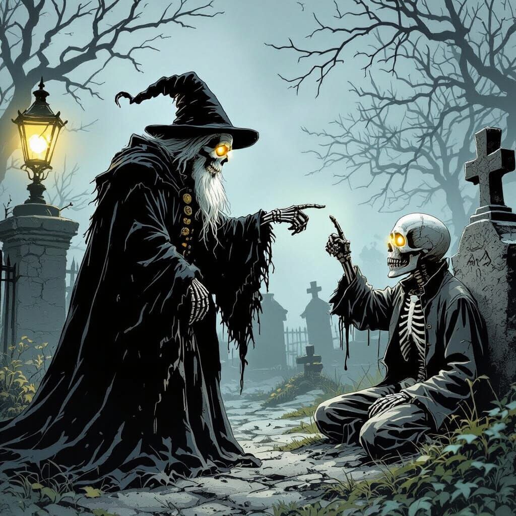 Ghost of Christmas Future Haunts Scrooge in Cemetery