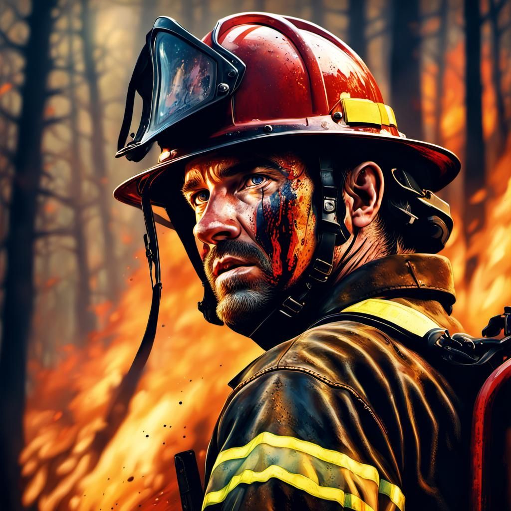 Fireman Battling Forest Wildfire in Hyperrealistic Style