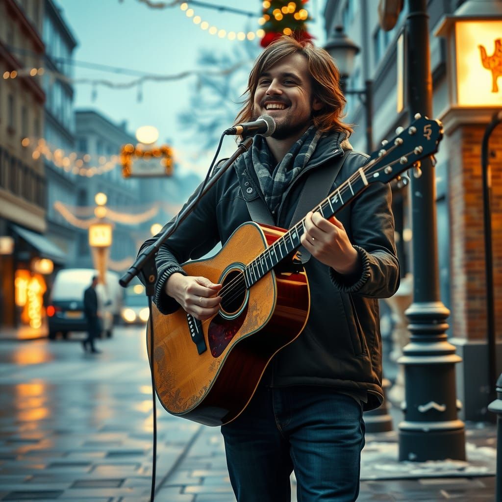 Rockstar Busker Performing on Snowy Christmas Street