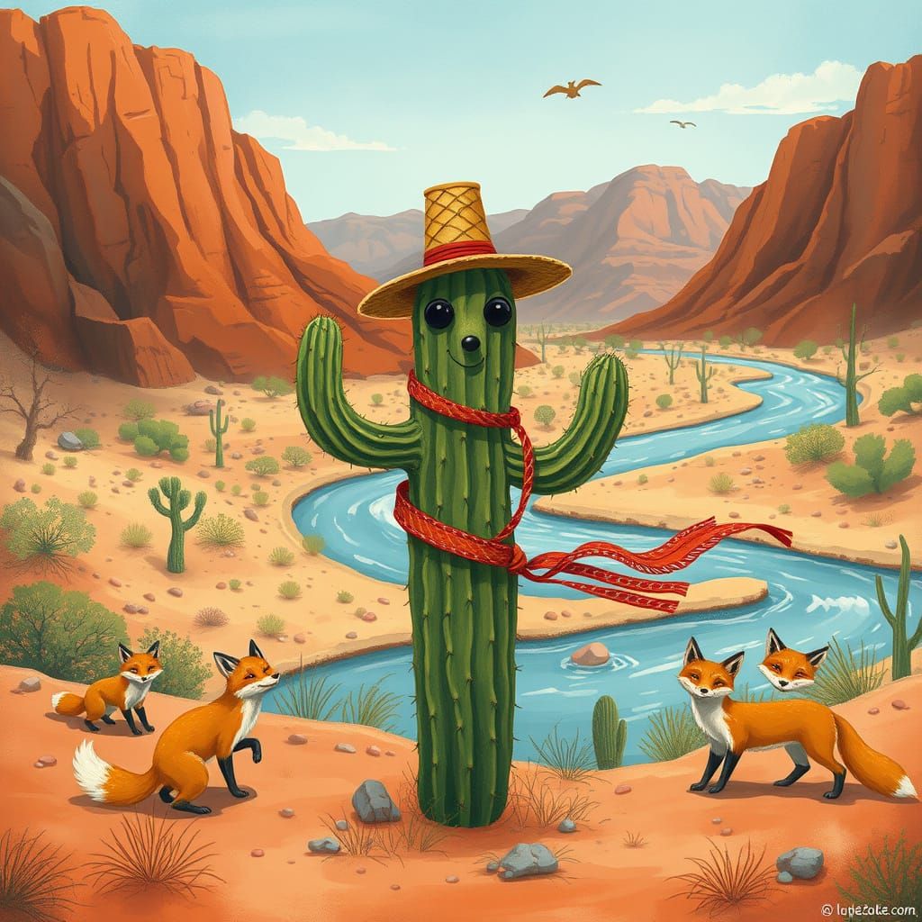Dancing Cactus with Foxes in Whimsical Illustration