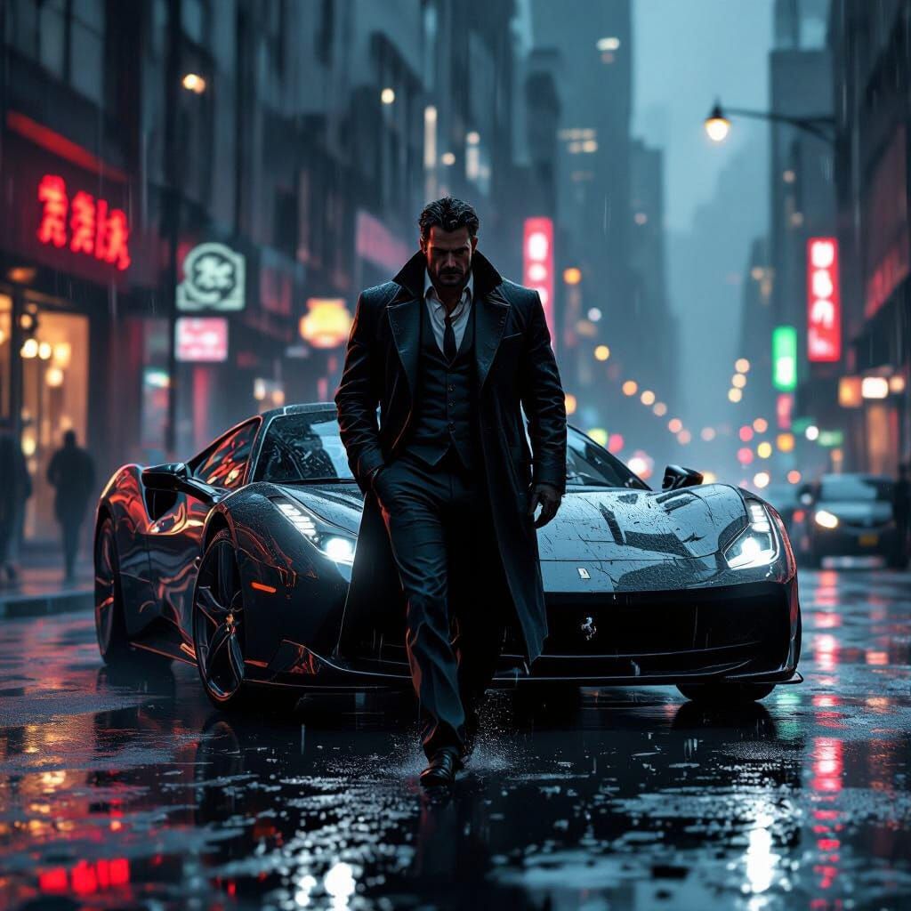 Noir Detective Drives Ferrari in Gritty Cityscape