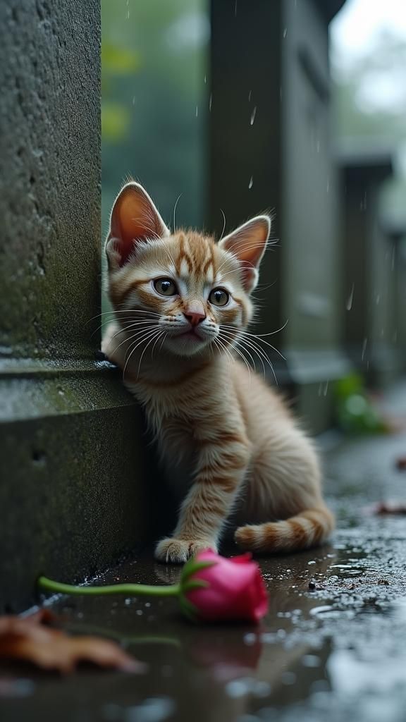 Kitten's Sorrow: Rain-Soaked Cemetery Scene