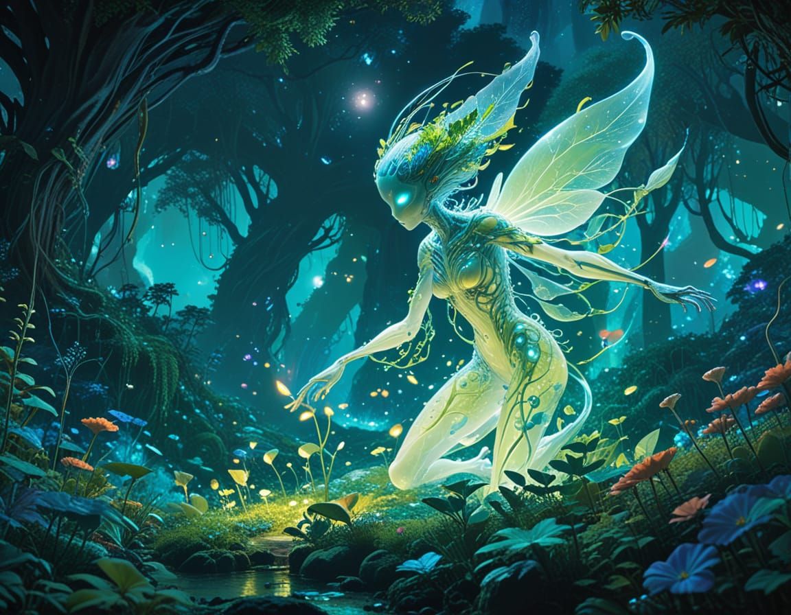 Ethereal Nature Spirit in Bioluminescent Garden