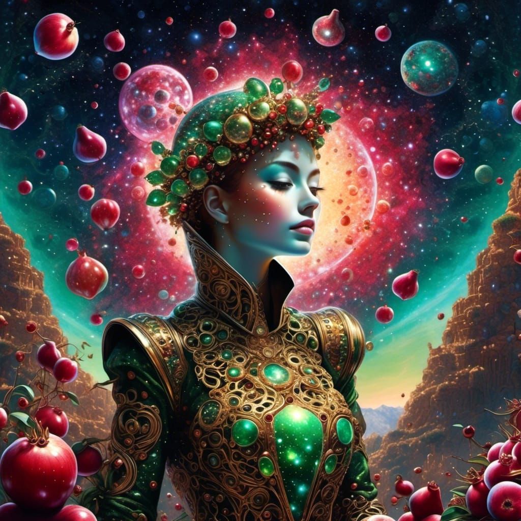 Surreal Glowing Pomegranate of Stars and Emerald Pears