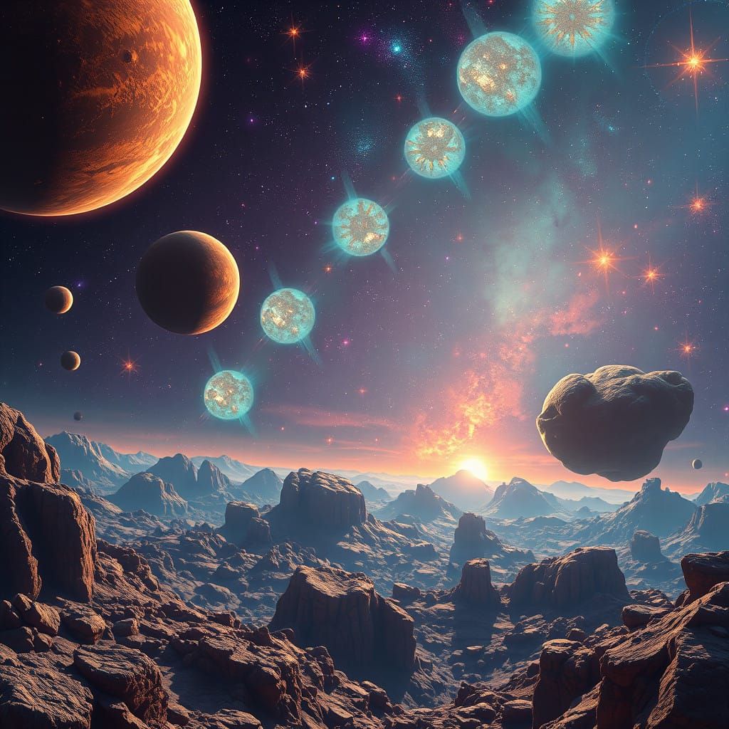 Cosmic Solar System with Vibrant Stars and Majestic Asteroid...