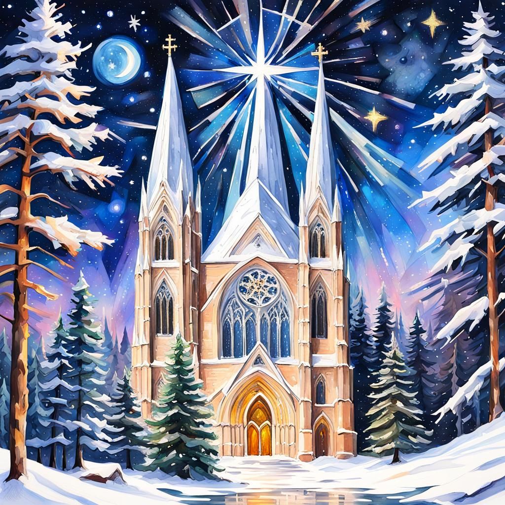 Gothic Cathedral in Snowy Forest: Gouache Watercolor Paintin...
