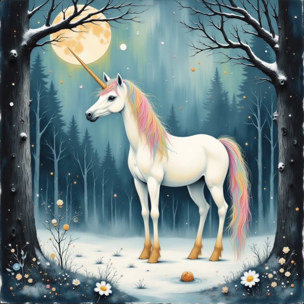 Ethereal Unicorn in Moonlit Winter Forest