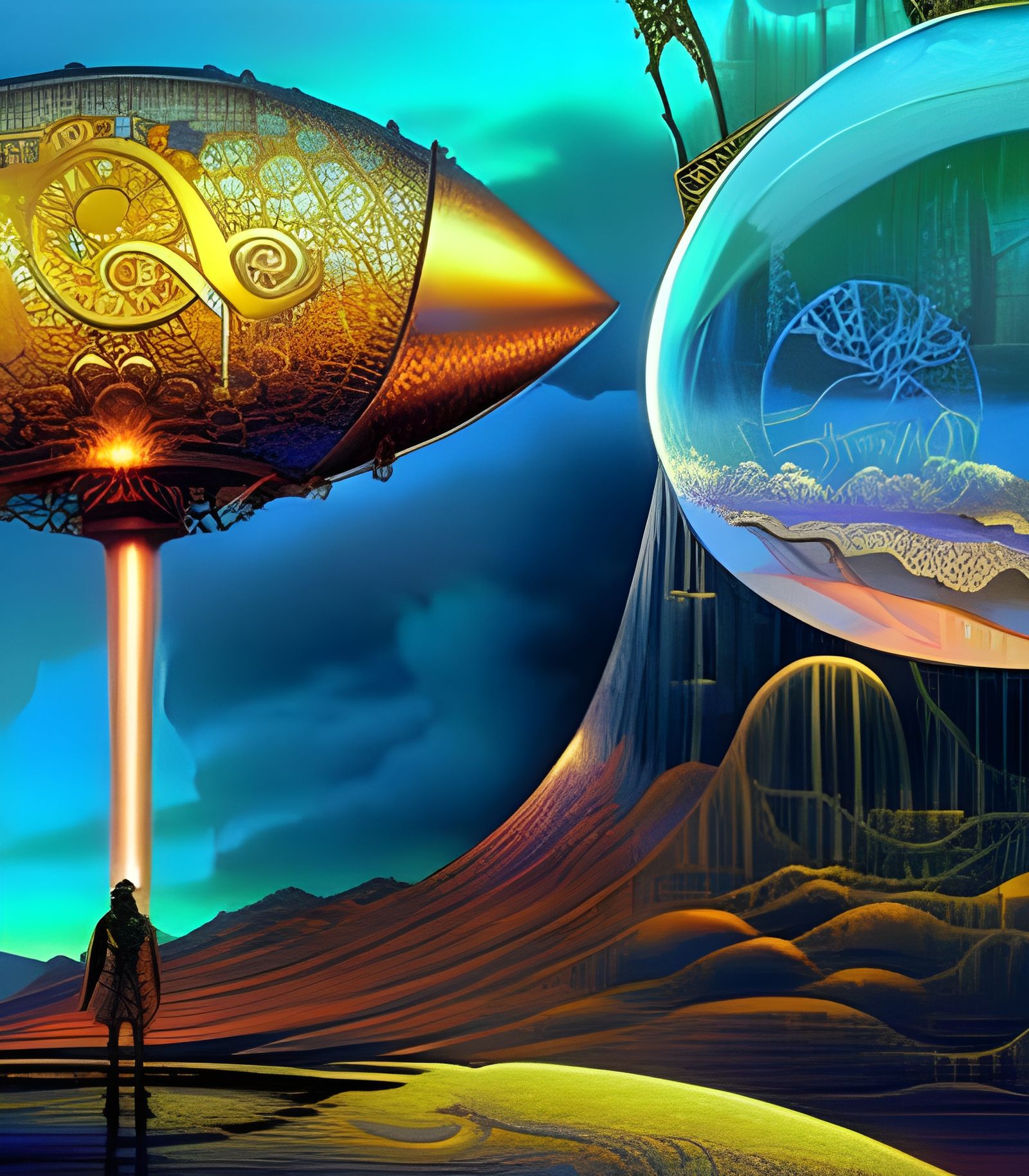 Steampunk Blimp Sunset in Art Nouveau Style