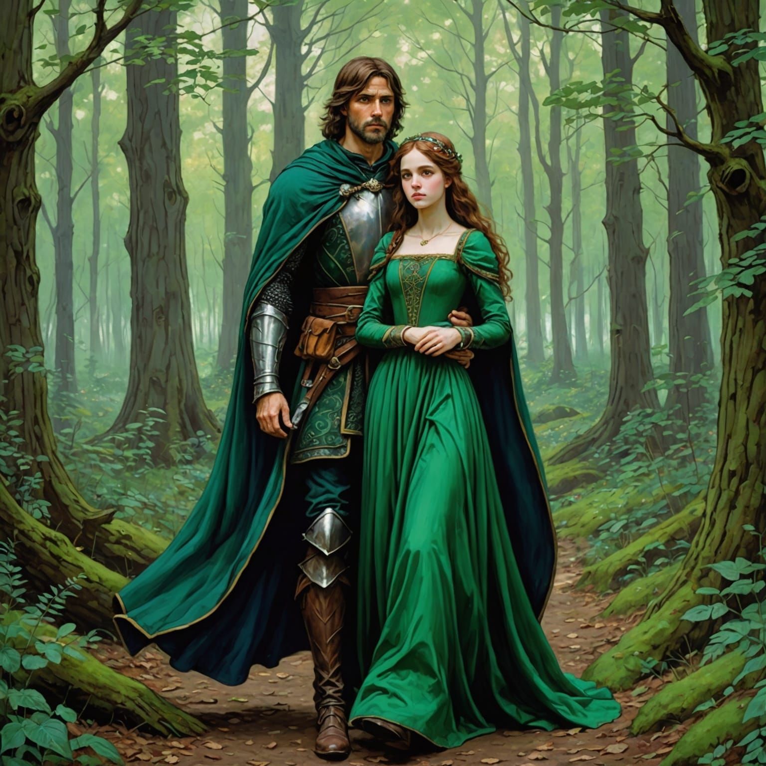 Medieval Man Carries Princess Through Dark Forest