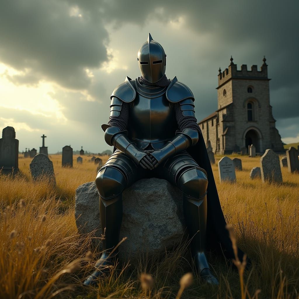 Knight in Black Armor Under Stormy Sky