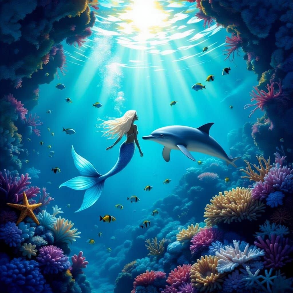 Ethereal Mermaid Amidst Coral Reef with Sea Life