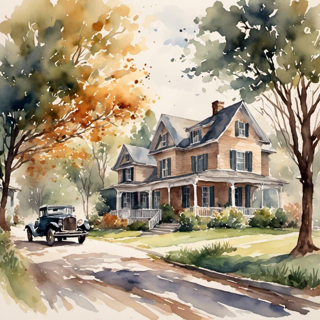 Car in Quiet Neighborhood in Antique Watercolor