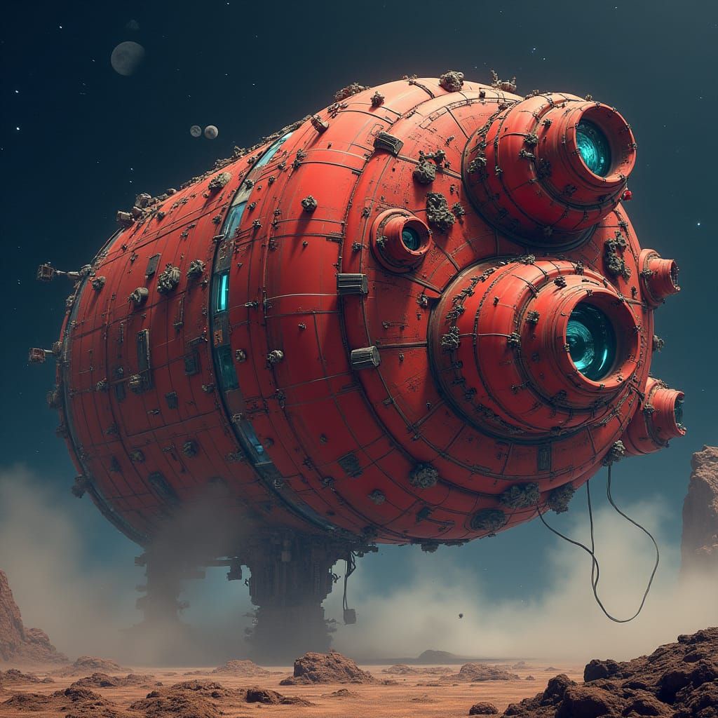 Colossal Red Spaceship in Industrial Futurist Style
