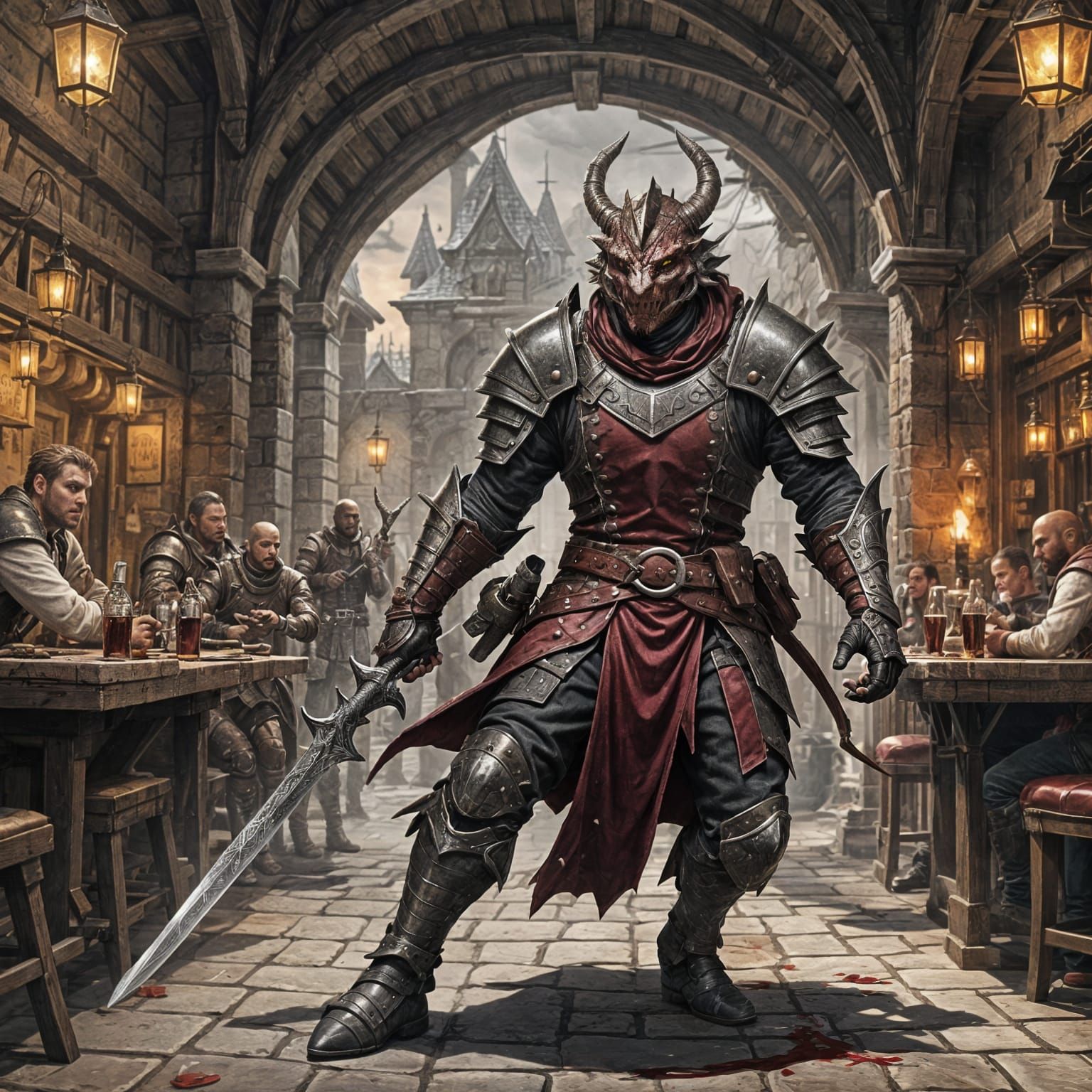 Dragonborn Bloodhunter in Tavern, Hyperrealistic Fantasy Art