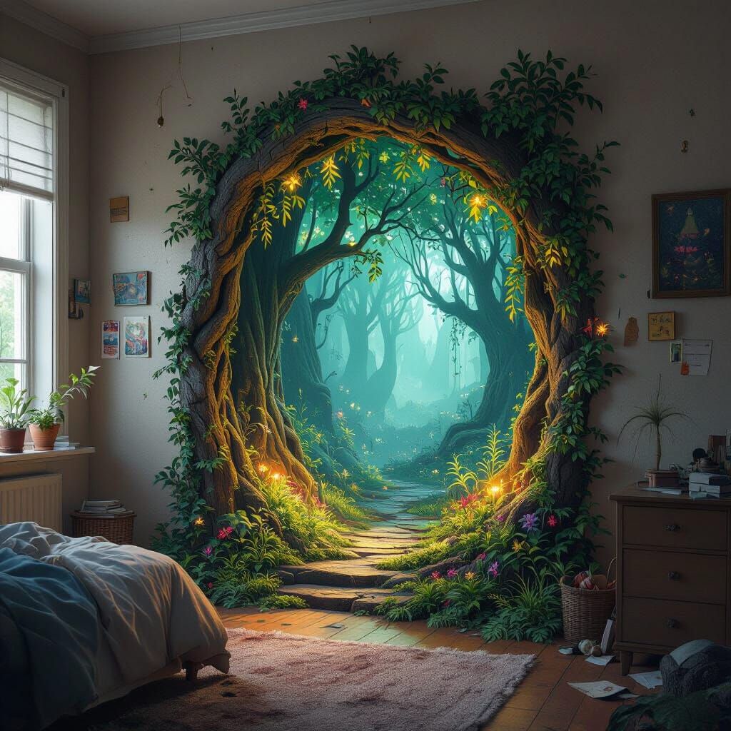 Mythical Forest Portal in Messy Bedroom - Fantasy Art