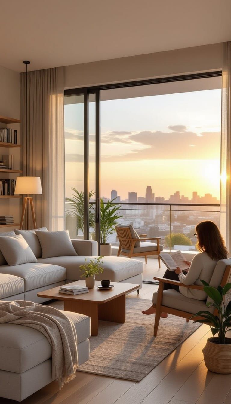 Elegant Modern Living Room at Sunset