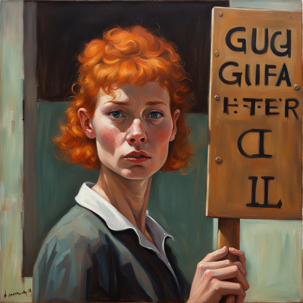 Freckled Woman Holds a Sign, Oil Painting Style