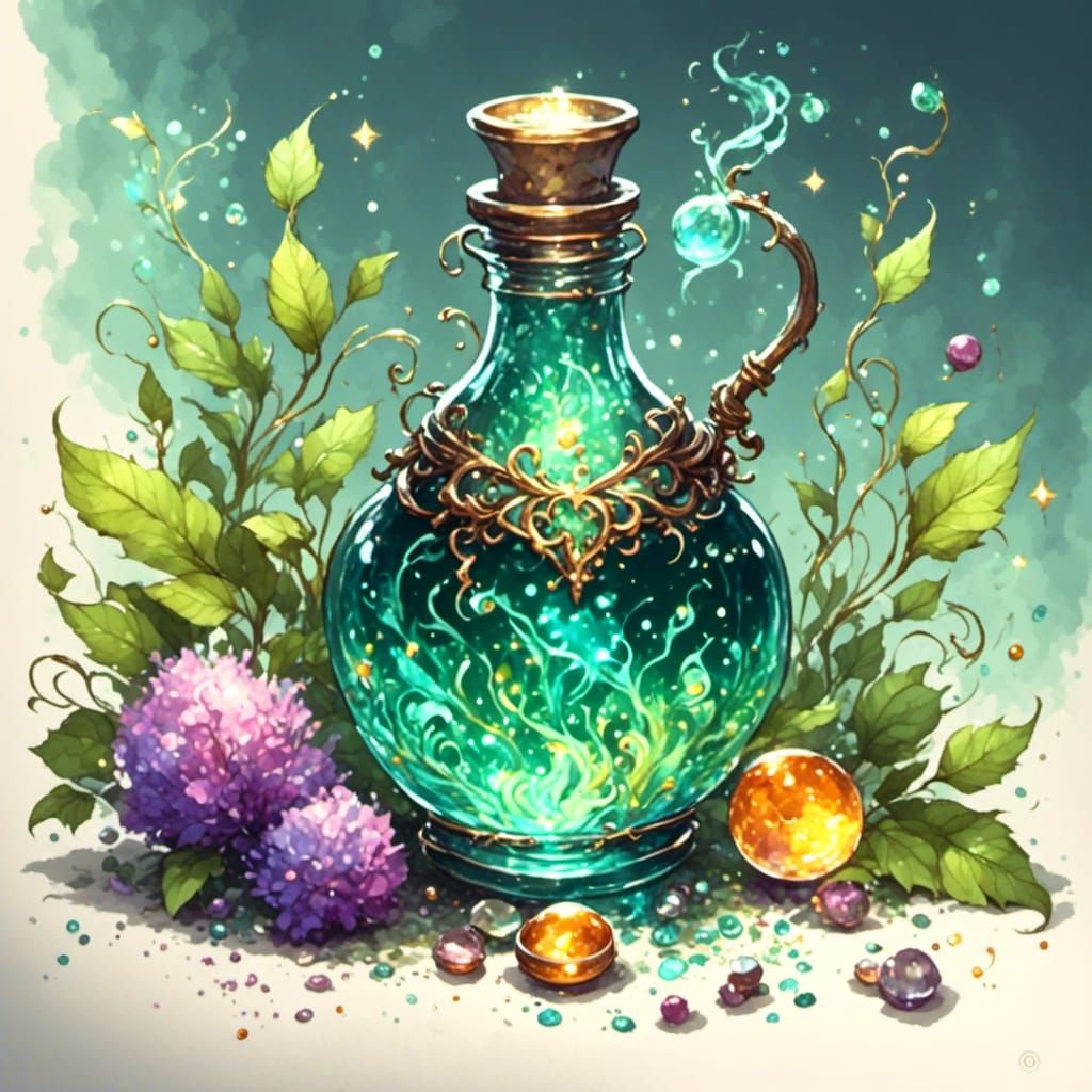 Whimsical Fantasy Creatures Gather Around a Sparkling Potion