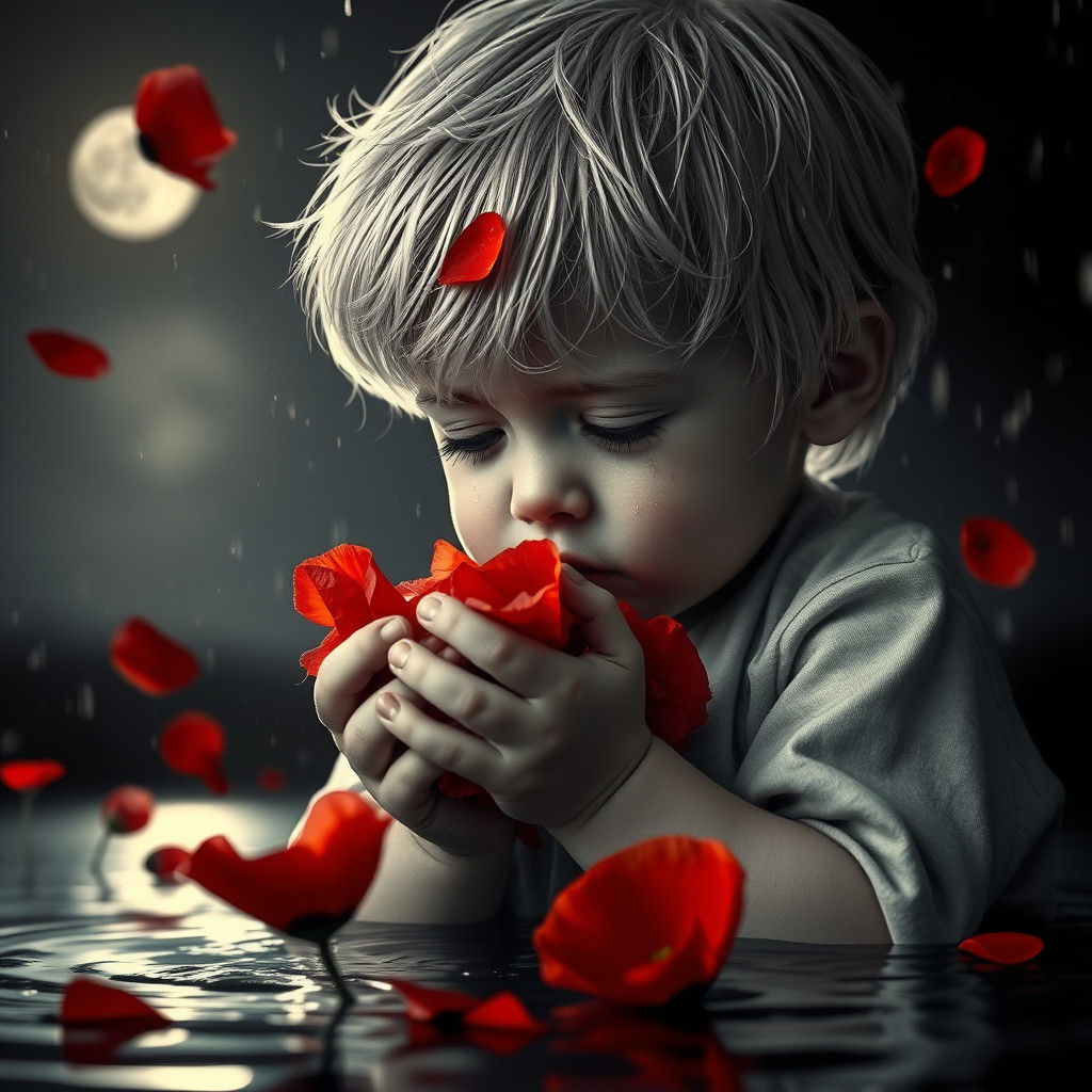 Sorrowful Boy with Poppies in Black and White