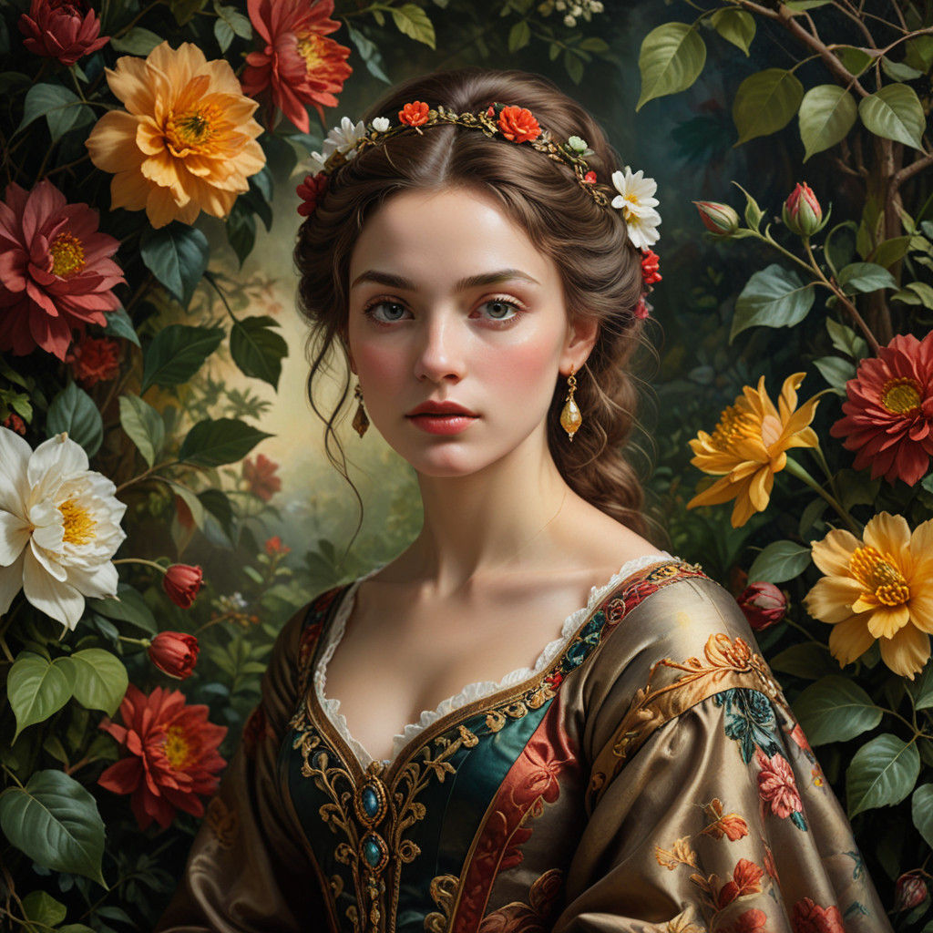 Baroque Woman in Lush Garden, Chiaroscuro Style