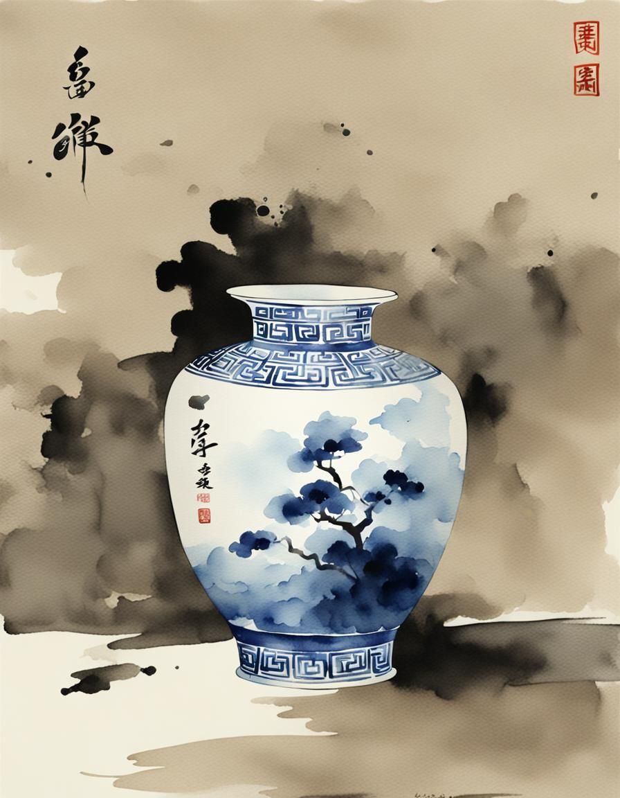 Elegant Chinese Vase in Watercolor Style