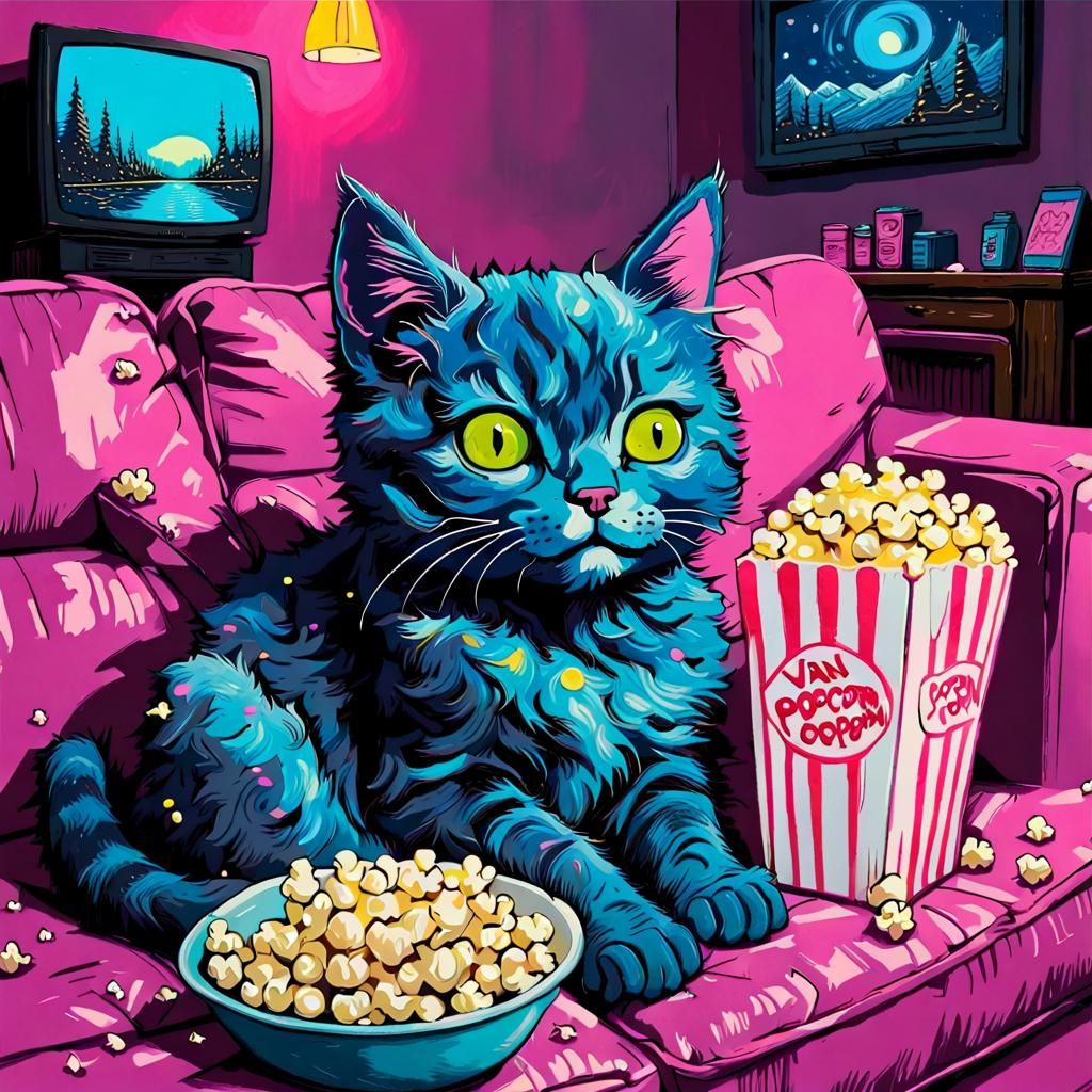 Stoned Cat Weekend Binge in Impasto Blacklight Art