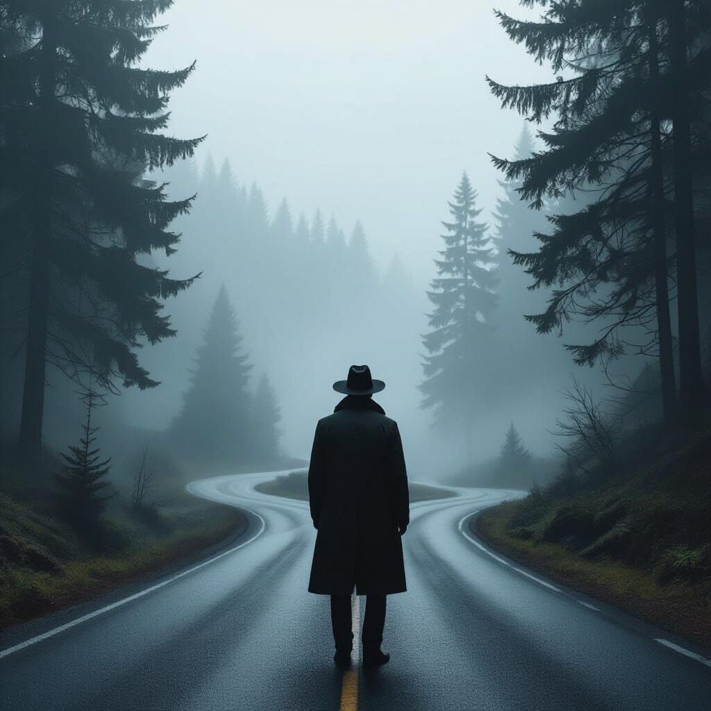 Man at Winding Road Fork in Atmospheric Style