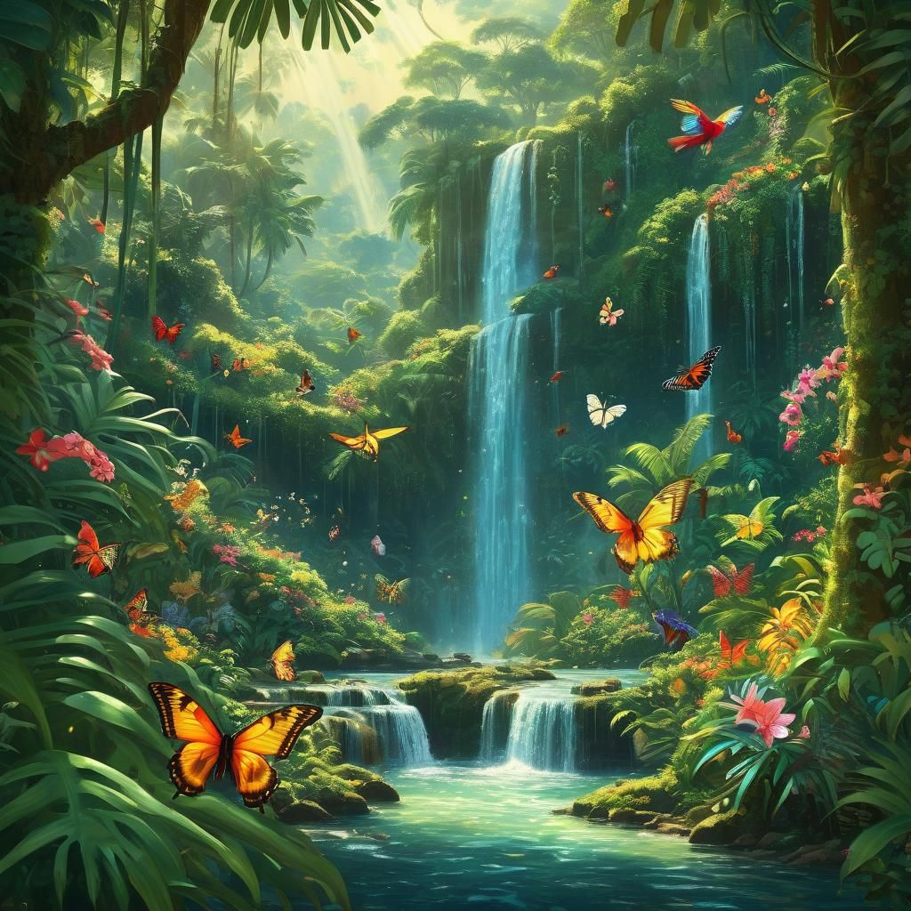 Lush Tropical Paradise Waterfall, Rousseau Style
