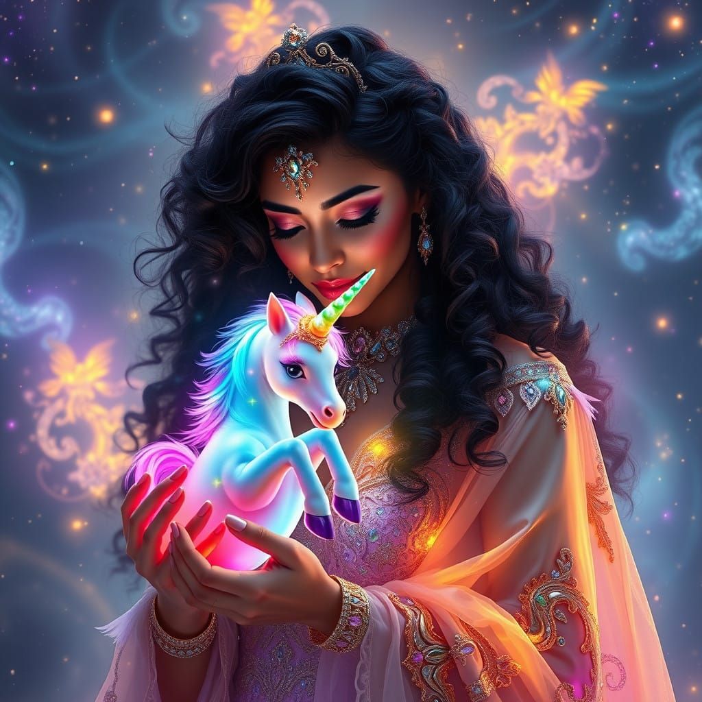 Regal Middle-Eastern Goddess with Unicorn in Ethereal Light