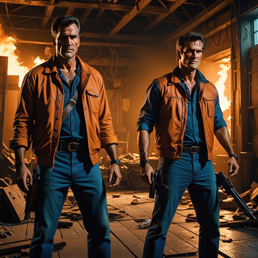 Tough Guys Stand Back to Back in a Gritty Abandoned Warehous...