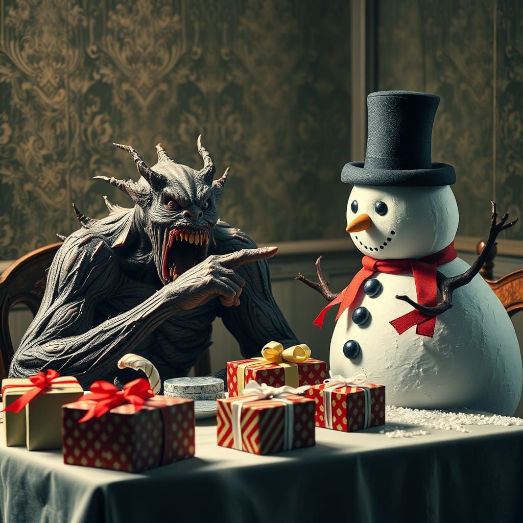 Monster Screams at Smug Snowman with Presents