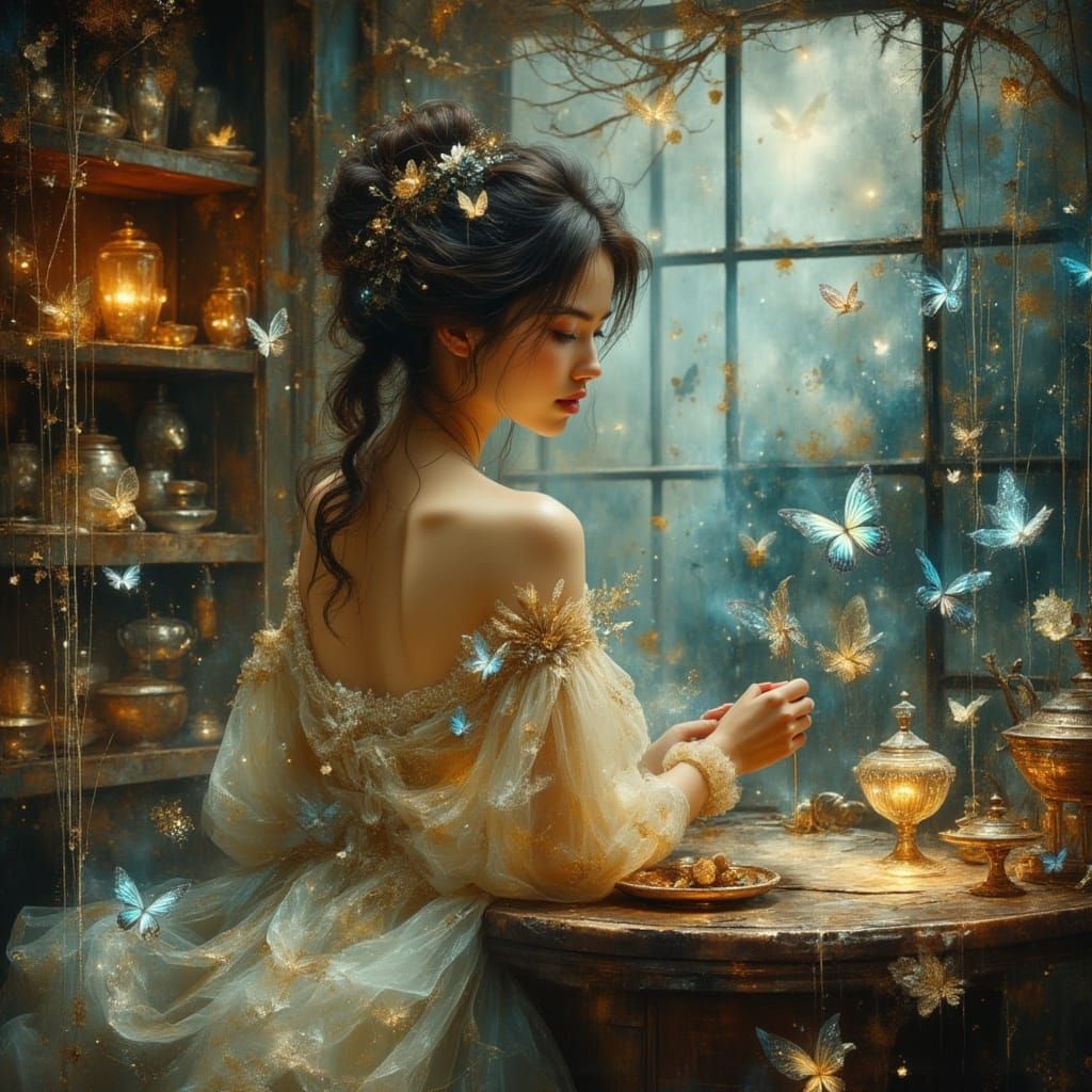 Beautiful Witch Contemplating Spell in Apothecary with Magic...