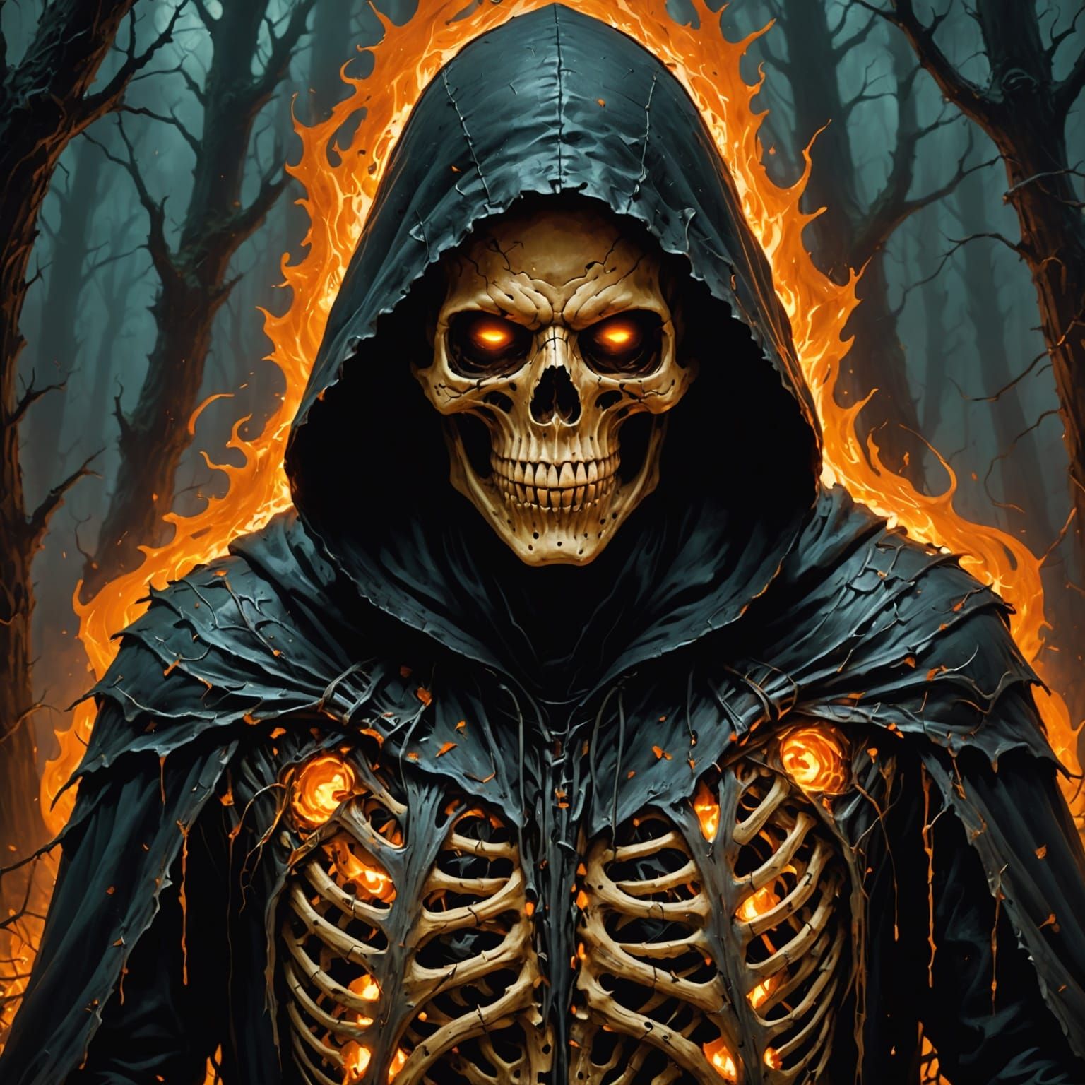 Sinister Hooded Figure in Haunted Forest Halloween Art