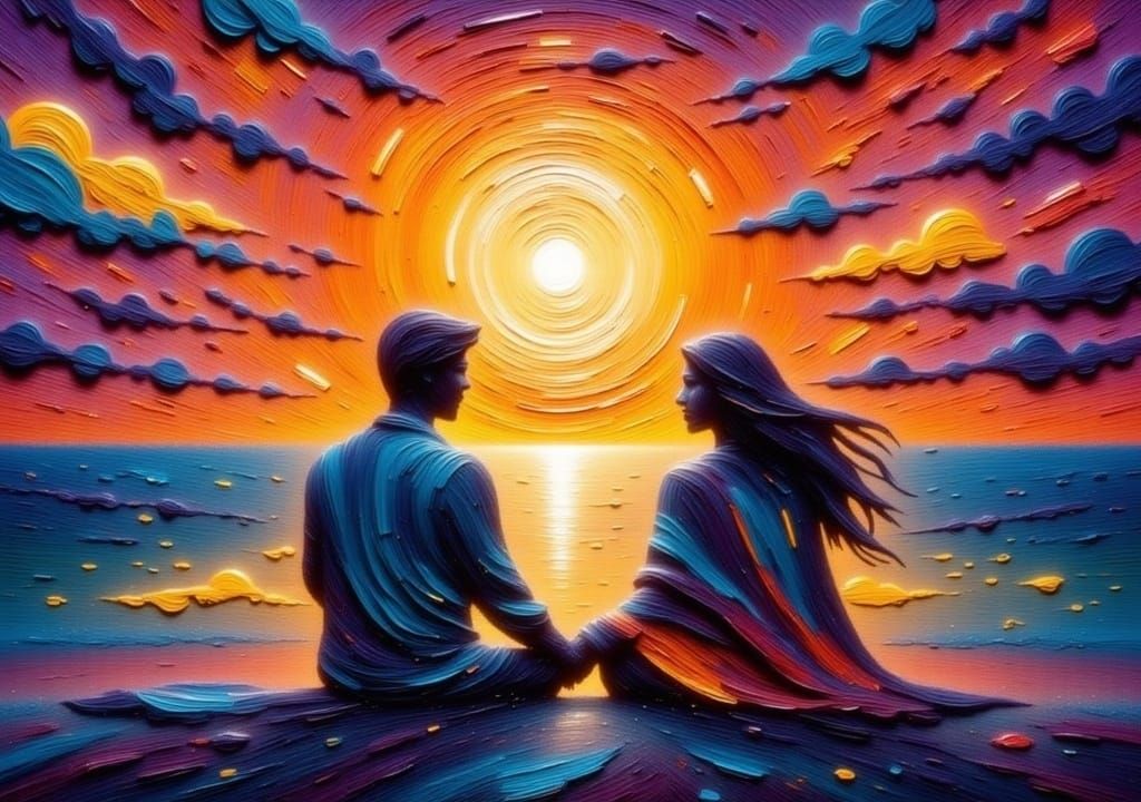 <lora:TexturedFlux:9.0>
sunset with prupel sky ,A couple in love sits on the beach and looks at the beautiful sunset,Car...