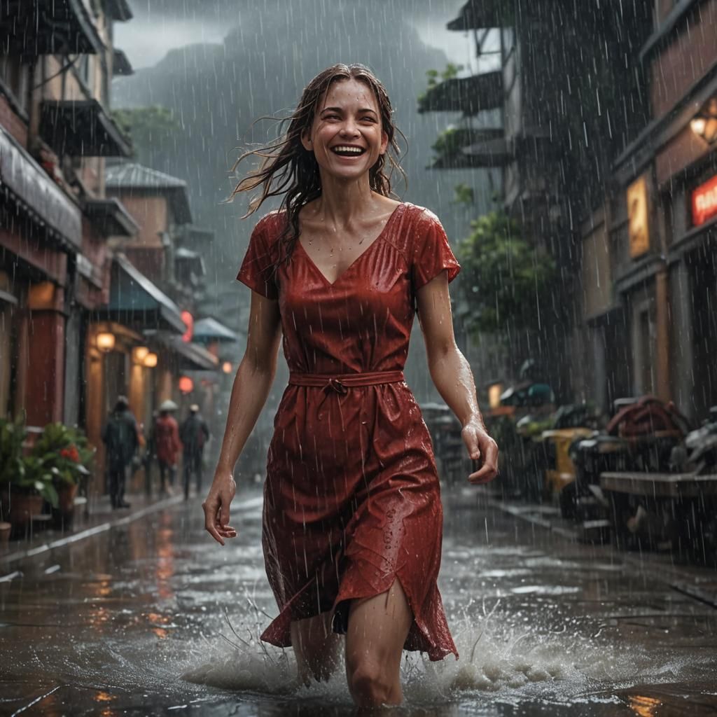 Woman in Red Dress Smiling in Rain